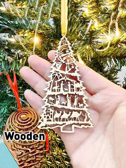 1 Laser-Engraved Wooden Christmas Tree Decoration - Classic Holiday Decoration, Depicting Scenes Of Mary, Joseph, Young People And Angels - Perfect For Christmas, Thanksgiving And Religious Celebrations. Christmas Tree Decoration, Christmas Decoration, Most Suitable For Christmas, Most Suitable For Thanksgiving