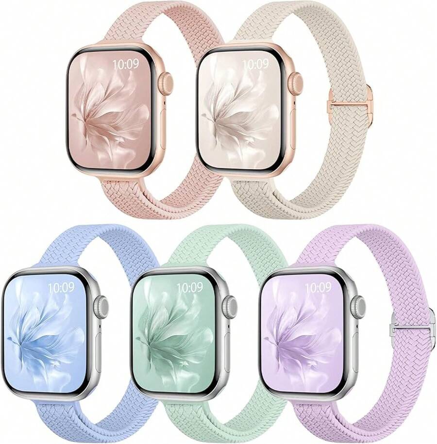 5 Paquetes de Bandas Elásticas Trenzadas Delgadas Compatibles con la Correa del Watch de 40mm 41mm 42mm 38mm 44mm 45mm 46mm 49mm para Mujeres y Hombres, Correas de Nylon Elástico Delgado Loop para Series 10 9 8 6 5 4 3 11 SE 2/1 - Verde claro/Azul claro/Luz estelar/Rosa/Lavanda - Ver 1