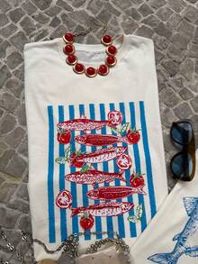Camiseta Feminina Gola Redonda Estampa do Verão SARDINES & TOMATO Blusa em Algodão Premium