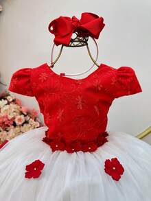 Vestido Infantil Vermelho e Off C/ Apliques na Saia Festas Casamentos Formaturas - Vermelho - Visão 3