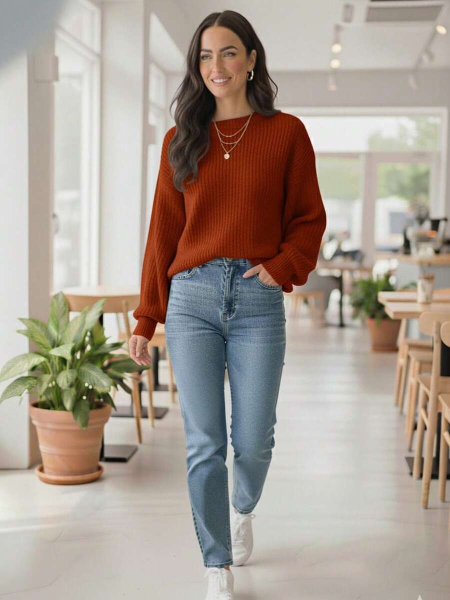 WOMEN'S KNIT SWEATER Puffed Sleeve Knitted Fang Modern Sophisticated - 鏽 - 查看 1