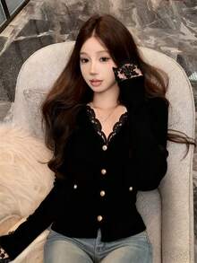 蕾丝V领金属纽扣开衫，时尚优雅的针织上衣，可作为外套或单独穿着 - 黑色 - 查看 3