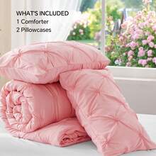 Pink King Size Comforter Set - 3 Pieces Boho Pintuck Lightweight Soft & Warm Bedding Set With 2 Pillowcases For All Season,  Design - 粉色 - 查看 6