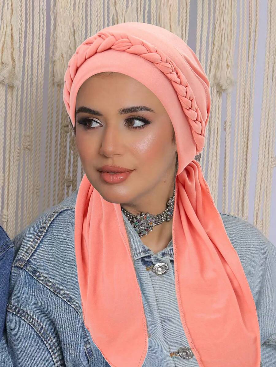 1 件纯色柔软女士系带十字装饰穆斯林头巾围巾（带领带）