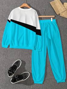 Conjunto de sudadera y pantalones de hombre con estampado de graffiti negro y parches, conjunto de sudadera minimalista personalizada de cuello redondo, adecuado para correr al aire libre, ejercicio, entretenimiento, cena, versátil sudadera de cuello redondo para hombre