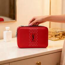 Yves Saint Laurent Red Patent Leather Makeup Bag - Glossy Square Cosmetic Case, Stylish Organizer Box Christmas