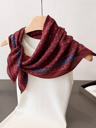 1条复古佩斯利花纹撞色几何人字纹条纹亚麻方巾，仿天鹅绒围巾披肩头巾，女士日常及户外使用