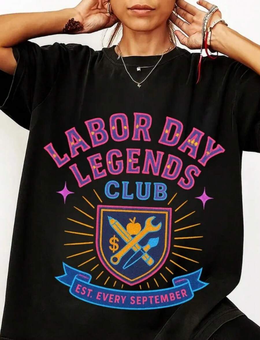 Labor Day Legends Club Rainbow PNG – Neon Tea Badge Shirt Design, Retro Electric Sublimation, September Worker Graphic - màu đen - Xem 1