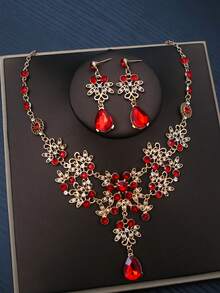 1 Set Luxus Goldplattierter Schmuck, smaragdfarbener Kristall, Blumenmuster, geeignet für Hochzeiten und formelle Anlässe