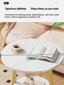Super life One-Piece Imitation Marble Side Table, Double-Layer Round Side Table With Storage Shelf, Modern White Bedside Table, Nightstand, Small Coffee Table, Suitable For Living Room, Bedroom - Multicolor - View 6
