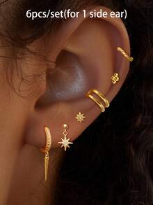 6 Pcs Lucky 24K Gold Plated Cubic Zirconia Stars Stud Earrings For Women Zirconia Drop Dangle Hoop Earrings Set