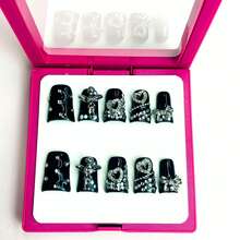 NailLuxe 10 PCS Handmade Duckbill Press - On Nails | AngelHeartSparkle With Acrylic Angel Accents, Heart Details & Crystal Embellishments - 黑色 - 查看 6