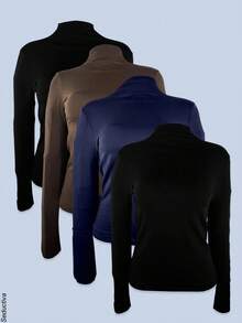 Set de 4 camisetas afelpadas para mujer, multicolor, clásicas y elegantes, colores lisos, sin estampados, tela de poliéster, con interior afelpado ligero, suave y cálido, ideales para temperadas de otoño, invierno e inicios de primavera, cuello alto tipo tortuga, con manga larga. Silueta ajustada para resaltar mejor tu figura. Te llegarán 4 camisetas afelpadas en colores al azar. - Multi1 - Ver 1