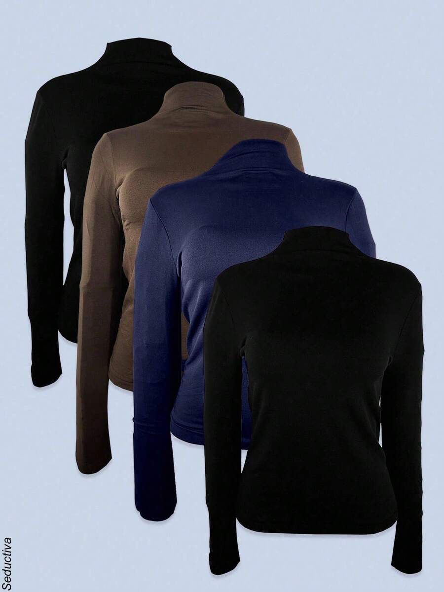 Set de 4 camisetas afelpadas para mujer, multicolor, clásicas y elegantes, colores lisos, sin estampados, tela de poliéster, con interior afelpado ligero, suave y cálido, ideales para temperadas de otoño, invierno e inicios de primavera, cuello alto tipo tortuga, con manga larga. Silueta ajustada para resaltar mejor tu figura. Te llegarán 4 camisetas afelpadas en colores al azar. - Multi1 - Ver 1