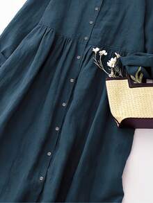 Women's V-Neck Open Front Casual Loose Plus Size Dress, Elegant Autumn/Spring - Teal Blue - View 4