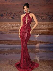 AOSHABABI 上衣 “独家亮片”镂空美人鱼下摆长款修身华丽女士晚礼服（加厚款），适合各种正式场合，如音乐节、晚宴、婚礼宾客、节日派对、毕业舞会、鸡尾酒会、约会、度假以及伴娘礼服。春季派对 - 酒紅色 - 查看 2