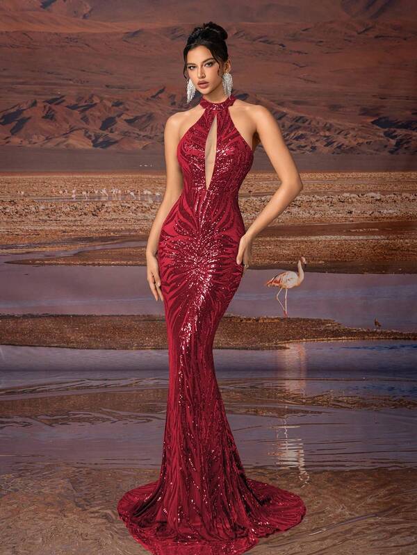 AOSHABABI Tops "Exclusive Sequin" Hollow Design Mermaid Hem Long Fitted Glamorous Women's Evening Gown (Heavy-Duty Version), Suitable For All Formal Occasions, Music Festivals, Galas, Wedding Guests, Holiday Parties, Graduation Dances, Cocktail Parties, Dates, Vacations, And Bridesmaid Dresses. Spring Party