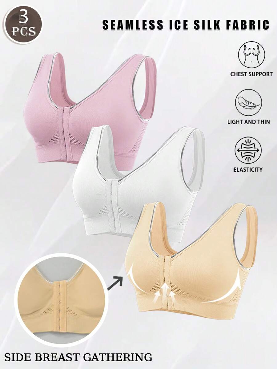 3pcs Women'S Removable Pad Sports Bra For Women, Zip-Up Design With Padded Support, Bras For Women Breathable And Skin-Friendly, Without Steel Ring, Shockproof And Anti-Sagging Yoga Underwear, Perfect For Sports, Fitness, And Yoga - Color B - 查看 1