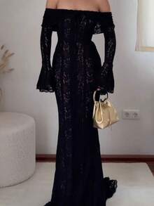 فستان أبيض طويل من الدانتيل بأكتاف مكشوفة للنساء، أكمام طويلة واسعة، قصة جسم الحورية، أنيق وراقي، مناسب للزفاف والمناسبات الرسمية والمناسبات الخاصة، خريف/شتاء - الأسود - مشاهدة 9