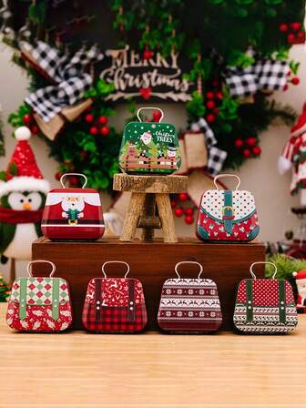 4pcs Vintage Christmas Tin Decor Set - Mini Suitcase Metal Candy Boxes With Santa & Holiday Patterns - Decorative Hanging Christmas Cookie Containers - Assorted Holiday Metal Gift Tins