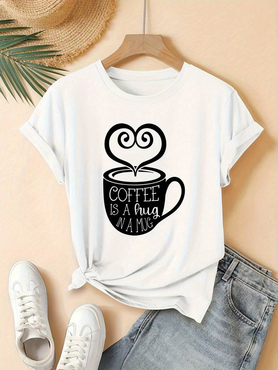 Women'S Casual Coffee Graphic T-Shirt - Short Sleeve Crew Neck, Black With White Heart & Cup Design, Machine Washable, Perfect For Spring & Summer Outfits, Everyday Tshirt  Playful Design  Machine Washable Top, Coffee Tshirt - 白色 - 查看 1