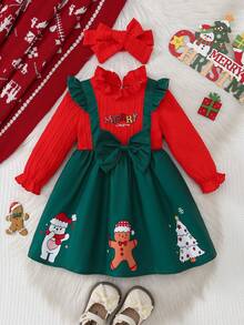 2 Stück Baby Mädchen Weihnachts-Outfits: Rot gestrickter Jacquard Rüschenkragen bestickter Buchstaben Langarm-Oberteil kombiniert mit grünem Schleifen-Weihnachts-Muster 2-in-1 Trägerkleid, mit rotem Jacquard-Stirnband, Frühling/Herbst