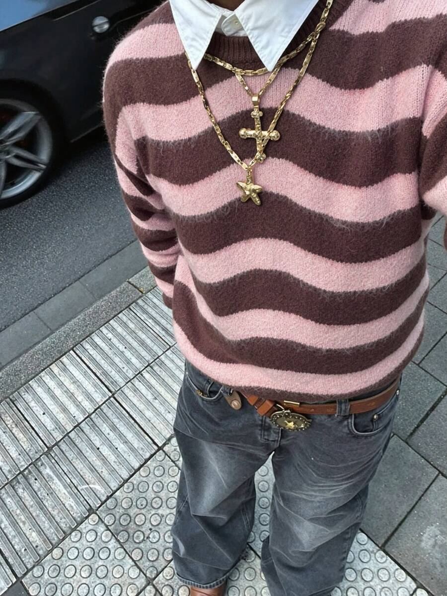 ANDREILEE 秋冬男女通用条纹落肩高街圆领长袖针织衫 - 棕色 - 查看 1