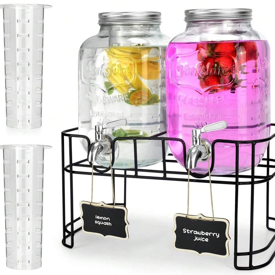 1-Gallon Glass Beverage Dispenser, Suitable For Parties, 2-Piece Set. Beverage Dispenser With Base And Stainless Steel Spigot, Glass Dispenser With Ice Tube For Lemonade. Laundry Detergent, Cold Water Pitcher - 無色 - 查看 1