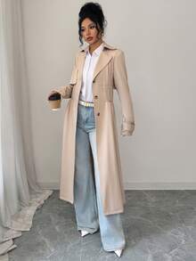 Women's Solid Color Revere Collar Fashion Commuter Waist Cinched Single-Breasted Pocket Long Trench Coat