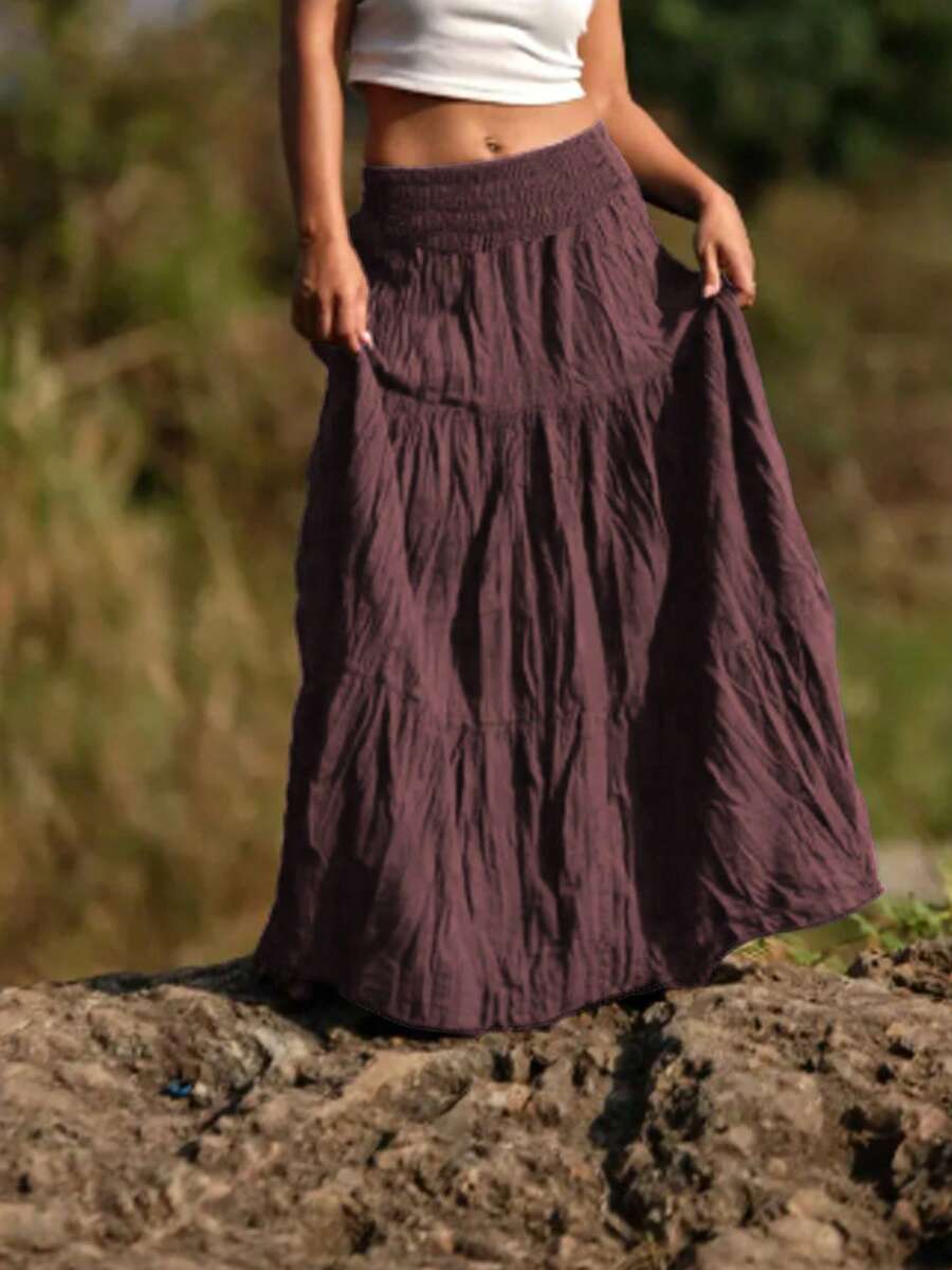 女款春夏舒適休閒優雅通勤彈性腰縮褶時尚紋理皺褶亞麻素色百褶層次薄款裙 - 淺灰紫 - 查看 1