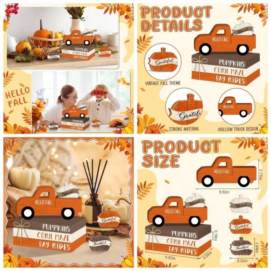 8 Pcs Fall Table Decorations Pumpkin Tiered Tray Decor, Farmhouse Wood Faux Book Stack Truck Sign Rustic Pumpkins Centerpiece Home Kitchen Shelf Autumn Harvest Thanksgiving