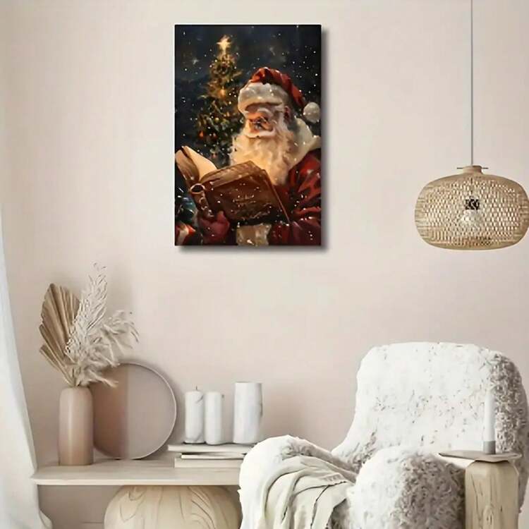 Framed Santa Claus Reading Canvas Wall Art - Waterproof Print, Festive Holiday Decor Home, & Halloween, Featuring Santa In His Traditional Attire, Ready To Hang, Santa Claus Decor - متعدد الألوان - مشاهدة 8
