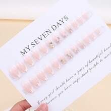 24pcs Geometric V-French Fake Nails, Nude Pink Base With 3D Acrylic Flower, Chunky Glitter & Pearl Detail, Glossy Square Press-On Nail Kit With Jelly Glue - 粉 - 查看 4
