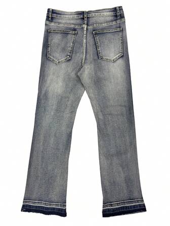 Men's Skinny Fit Ripped Stretch Jeans, Flared Leg Frayed Hem Jeans, Cotton Fabric Side Pockets, Versatile Casual Style