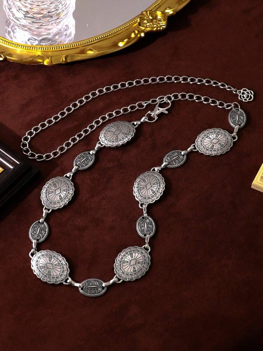 1pc Women's Bohemian Western Style Carved Geometric Pattern Vintage Waist Chain, Casual Fashion Accessory