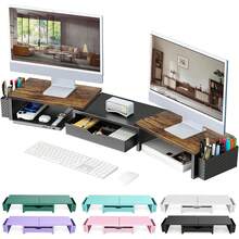 Soporte elevador para monitor dual, organizador de escritorio con cajón y 2 portaplumas, organizadores de escritorio y accesorios, decoración de oficina morada (morado) - blanco - Ver 11