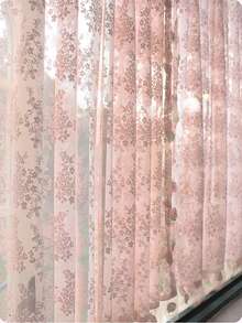 1 件，复古粉色花卉提花薄纱窗帘，带亮片草莓荷叶边花边，浪漫咖啡厅门帘厨房家居装饰薄纱窗帘