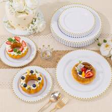 100pcs Plastic Plates With Gold Beads Plates Heavy Duty Party Supplies Includes 10.25inch Dinner Plate And 7.5inch Dessert Disposable Plate For Party,Wedding,Bridal Showers - 白色 - 查看 8