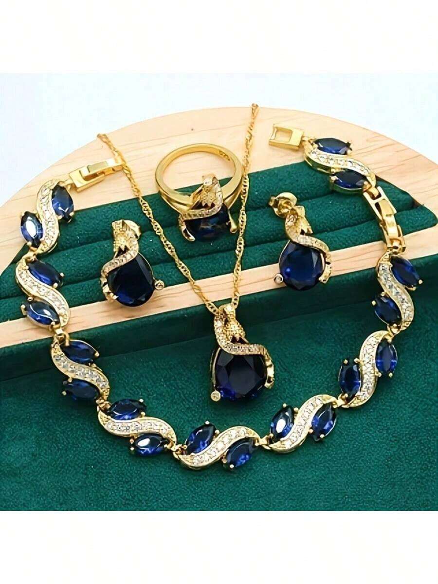 Juego de joyería de 5 piezas para mujer con estilo vintage - Collar, aretes, pulsera y anillo con incrustaciones de circonita cúbica sintética - Ideal para bodas, fiestas y regalos de Navidad