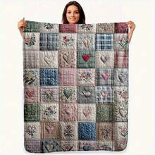 Lightweight Soft Vintage Floral Quilt Design Flannel Throw Blanket Patchwork Multicolor Flowers, All-Season Cozy Travel Office Blanket, Easy To Carry Home Decor, Patchwork Pattern 280gsm X1LG - màu đen - Xem 10