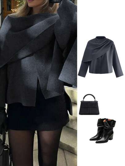 Women's Autumn/Winter Asymmetric Oversized Scarf-Style Casual French Design Jacket, Suitable For Commuting, Back To School, Fashionable For Autumn