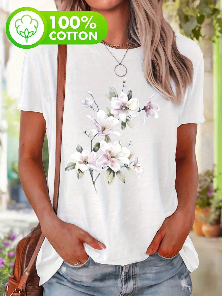LIDANR 1PC Plus Size, Plus Size Women&Apos;S Casual Short Sleeve T-Shirt - Elegant Watercolor Magnolia Floral Print, Round Neck Top, Machine Washable & Breathable For Casual Attire, Allseason Apparel, Semitransparent Material Valentine's Day Shirts - 白色 - 查看 1
