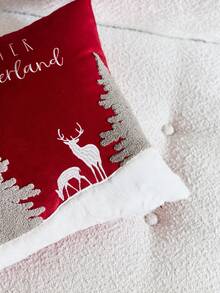 1pc Christmas Red Christmas Tree & Reindeer Embroidered Cushion Cover, Suitable For Indoor Decor, Christmas Decorative Pillow Cover, Pillow Insert Not Included - Red - View 8
