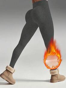 1件装女士高腰保暖加厚打底裤 - 加厚保暖弹力保暖裤，适合户外穿着，纯色不透面料，拉长腿部线条，加厚保暖，柔软内衬，弹力面料，是寒冷天气爱好者的理想之选，冬季必备。 - 深灰色 - 查看 4