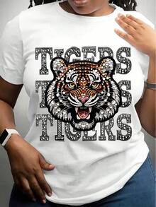 Unisex  Printed T-Shirt 2025 Street Retro Style Pattern Fashionable Fit Limited Edition Hot Recommendation Women's Tigers Graphic T-Shirt - Red Casual Short Sleeve Crew Neck Tee With Glittery Tiger Design, Polyester, All-Season Fashion, Spring Summer Top Playful Print Knit Construction, Tiger Print - 白色 - 查看 6