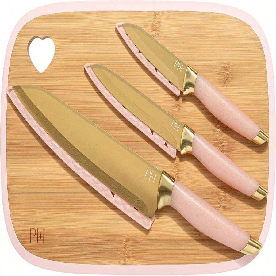 Paris Hilton Reversible Bamboo Cutting Board And Cutlery Set With Matching High Carbon Stainless Steel Knives, Blade Guards, Sleek Yet Comfortable Handle Grips, 7-Piece Set Gold, Pink - 白色 - 查看 1