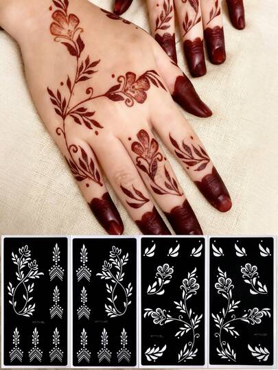 4 Sheets Temporary Tattoo Stencils Set, Reusable Floral Design Body Art Templates For Women Body Makeup Mehndi Designs