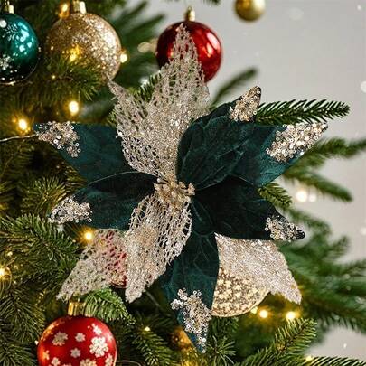 Christmas Artificial Flowers With Stems Glittery Sequined Fake Poinsettia Flowers For Vase Home Porch Garden Yard And More