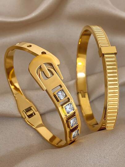 18K 镀金不锈钢复古奢华扣和罗纹锁纹理手镯套装，适合女士，简约珠宝妈妈礼物圣诞节感恩节万圣节婚礼狂欢/舞会/派对/日常配饰周年纪念情人节波西米亚珠宝生日伴娘礼物