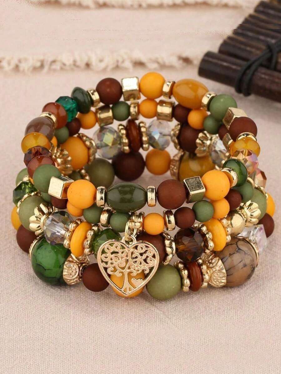 Set Of 4 Vintage & Elegant  Style Colorful Acrylic Beaded Elastic Bracelets For Women, Suitable For Festivals, Birthdays, Dates, Dances, Parties, Weddings, Holidays, Shopping, Daily Commutes.